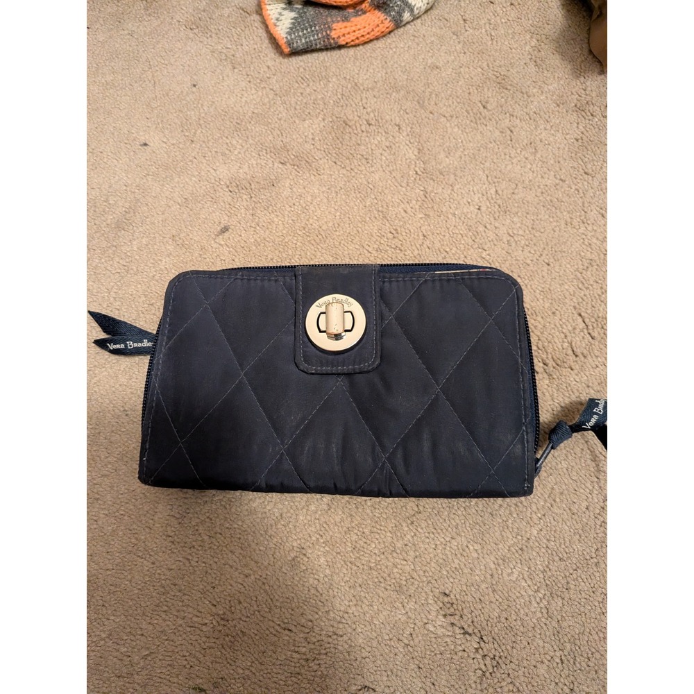 Vera Bradley Navy Blue Quilted Turnlock Zip‎ Around Wallet Floral Lining